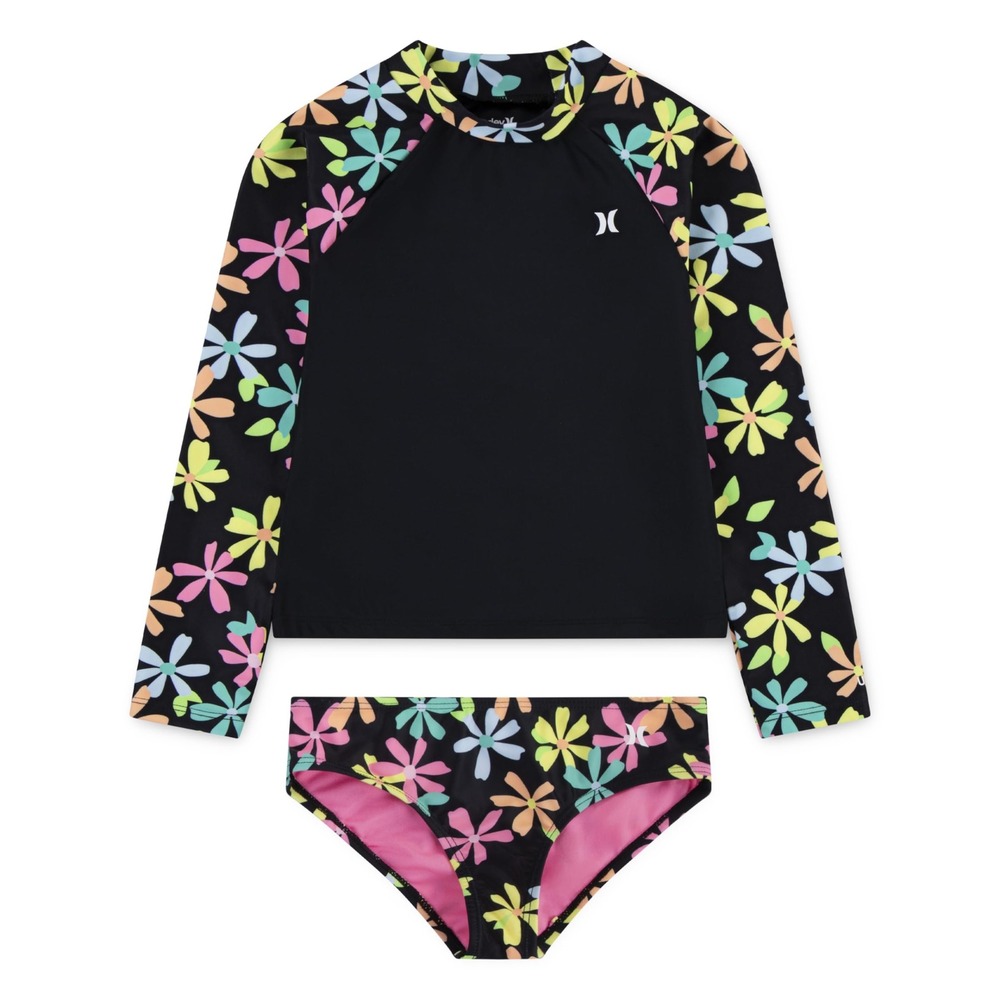 NWT Hurley Girls 2 Piece Rashguard Swimsuit Set Floral UPF 50+ Size 14
